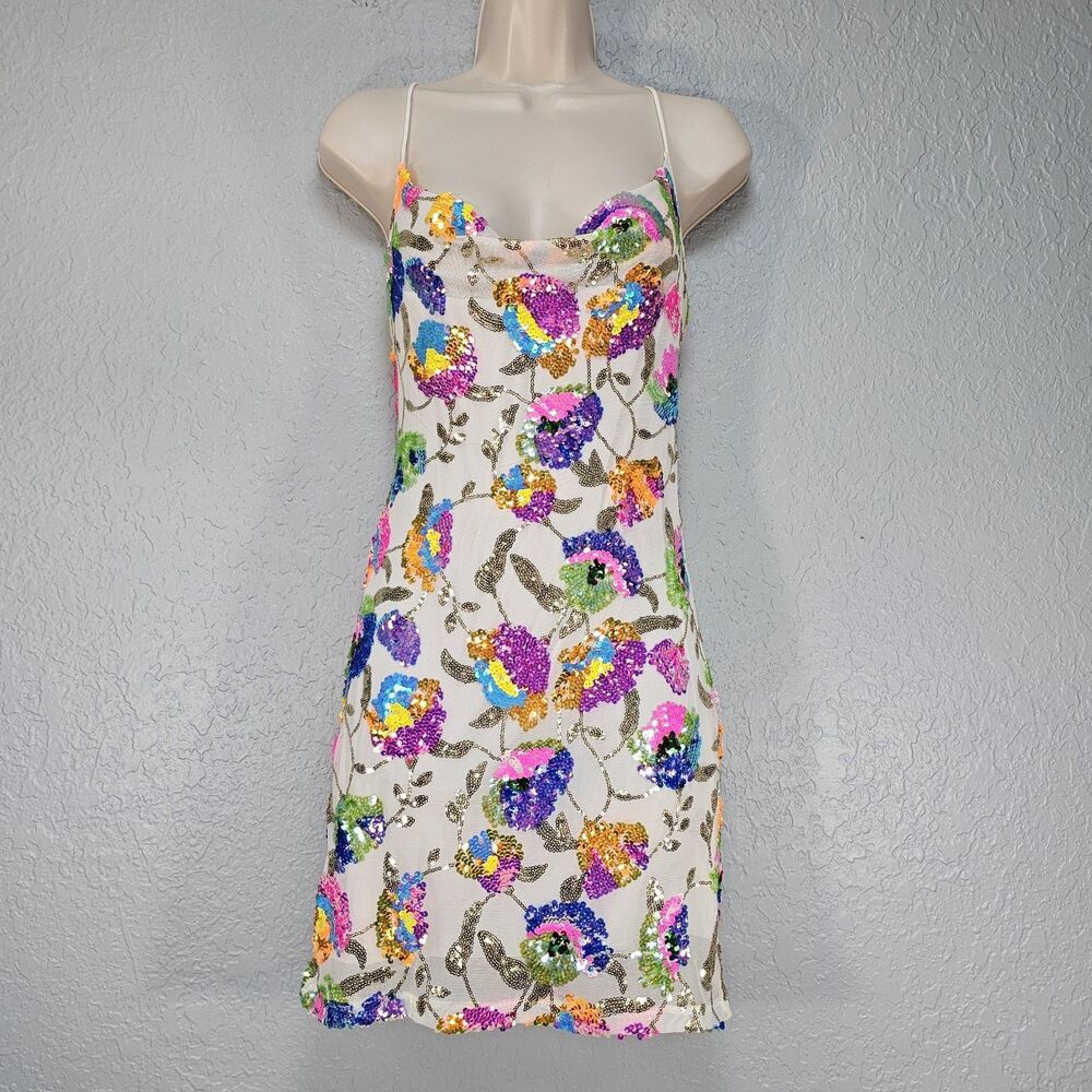Lucy In The Sky Small Mesh Multi Sequin Floral Mini Dress Festival Y2K Disco S